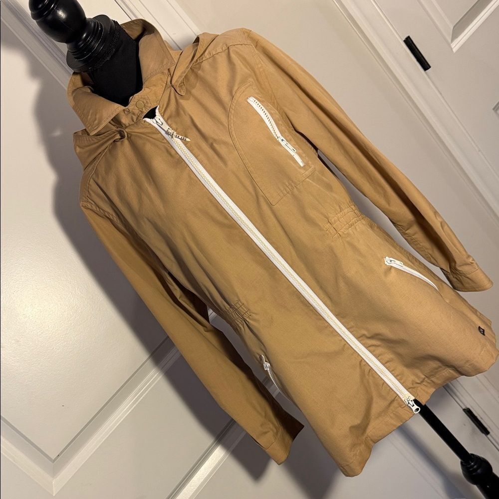 London Fog Women's Tan Raincoat with White Accents